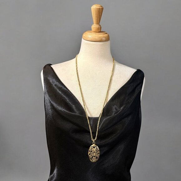 Vintage 1928 Goldtone Filigree Tassel Pendant Necklace 32” - Picture 8 of 9